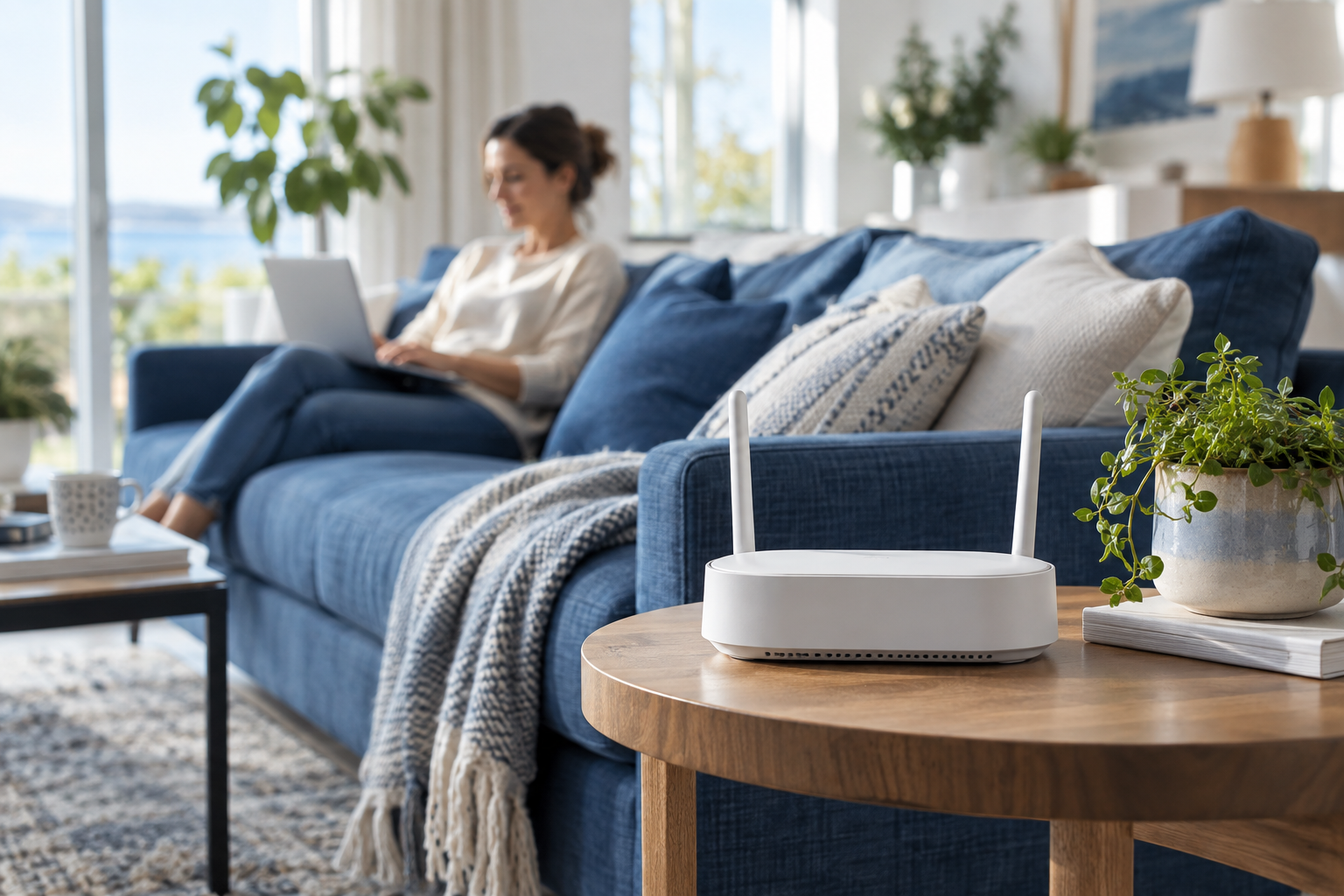 Светлая гостиная с Wi-Fi роутером и местом для работы за ноутбуком